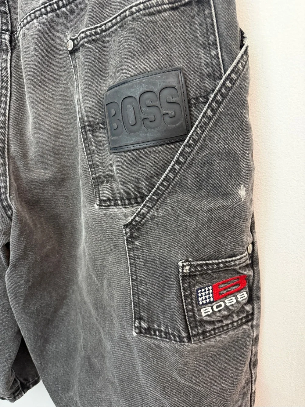 Boss Charcoal Washed Denim Cargo Jean Shorts
